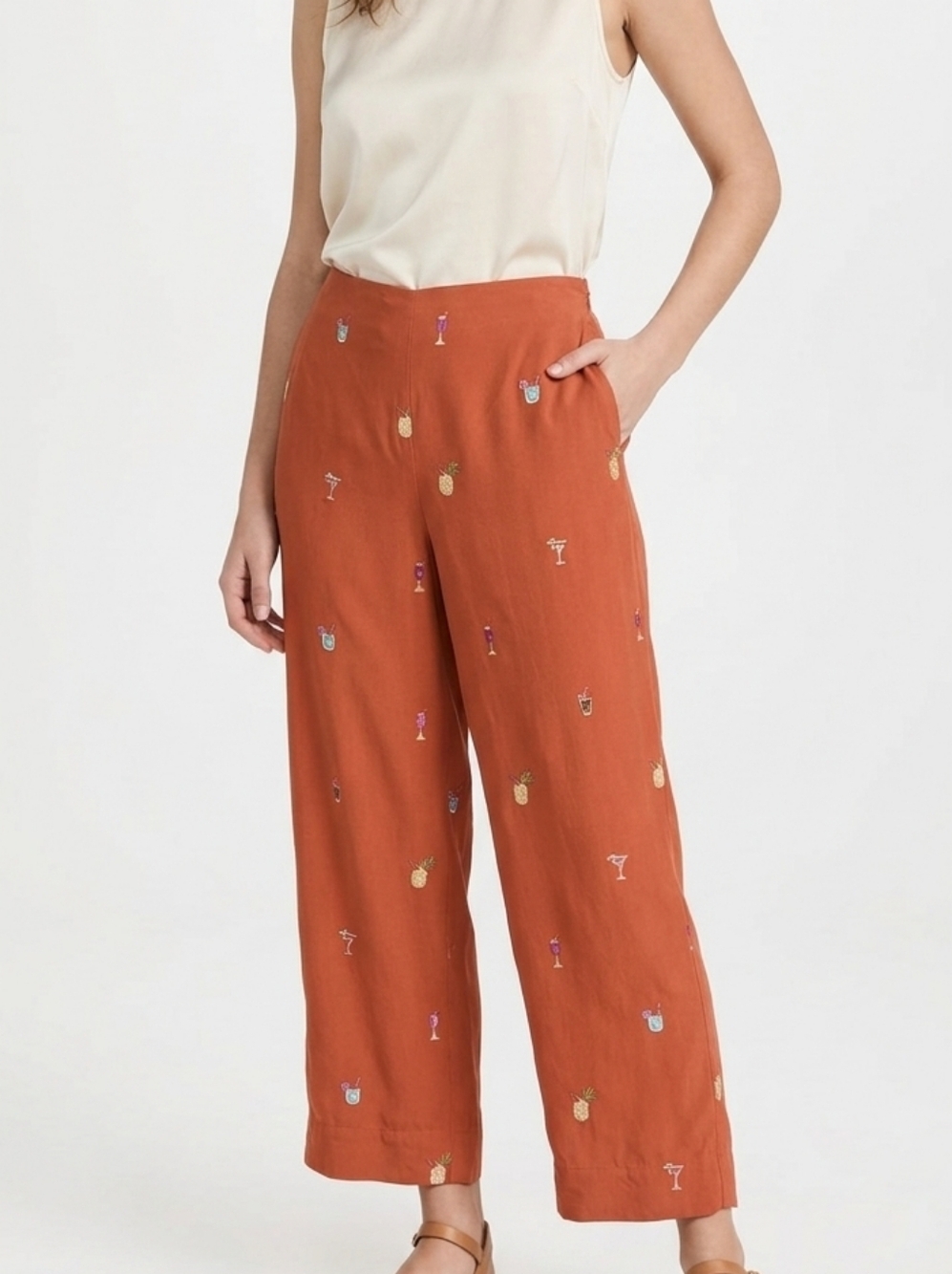 Vintage Bobby Chan Silk Cotton Blend Cropped Pants with Cocktails print